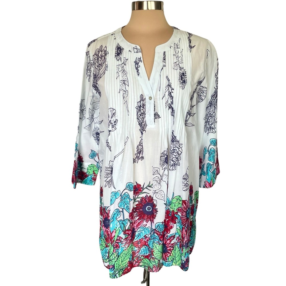 Ali Miles Floral Pintuck Tunic Top Sz L Cotton Modern Chic Artsy Summer Travel